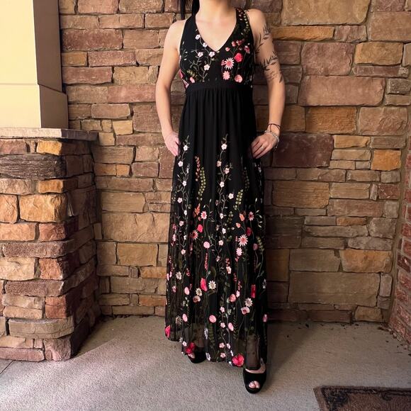 INC International Concepts Black Floral Embroidered Maxi Dress Small Boho Fairy - Picture 1 of 16